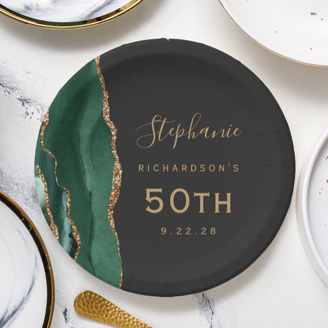 Emerald Green Agate Marble Gold Dark 50th Birthday Paper Plates (Creator Uploaded)