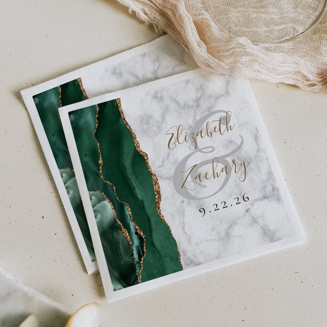Emerald Green Agate Marble Gold Script Wedding Napkins (Creator Uploaded)