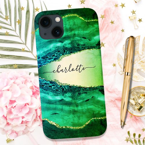 Emerald green agate marble name script Case_Mate iPhone 14 case