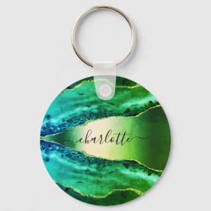 Emerald green agate marble name script keychain