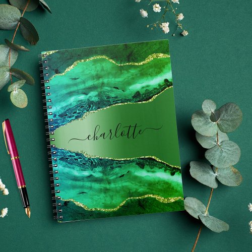 Emerald green agate marble name script notebook