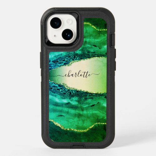 Emerald green agate marble name script  OtterBox iPhone 14 case