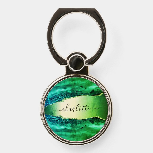 Emerald green agate marble name script phone ring stand (Front)
