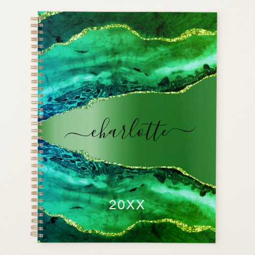 Emerald green agate marble name script planner