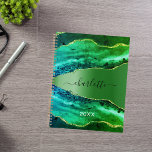 Emerald green agate marble name script planner<br><div class="desc">Emerald green agate,  marble stone print as background Personalize and add your name. The name is written with a modern hand lettered style script.</div>