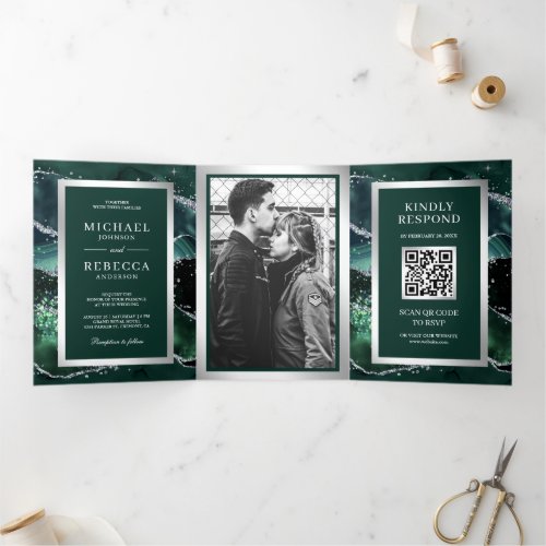 Emerald Green Agate Marble QR Code Wedding Tri_Fold Invitation