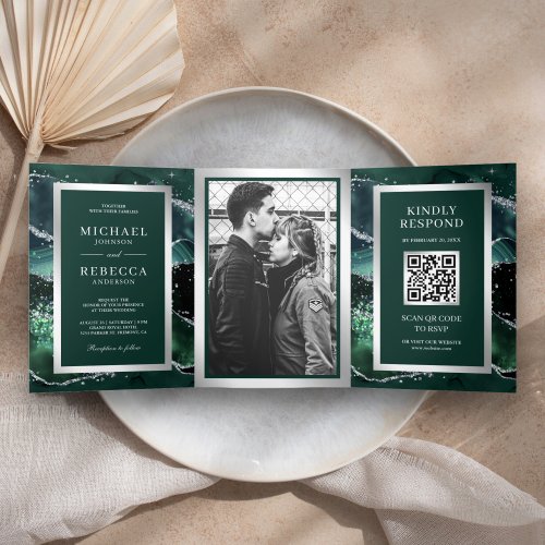 Emerald Green Agate Marble QR Code Wedding Tri_Fold Invitation