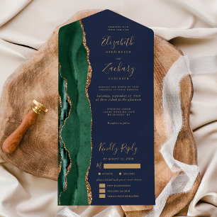 Emerald Green Agate Navy Blue Meal Options Wedding All In One Invitation