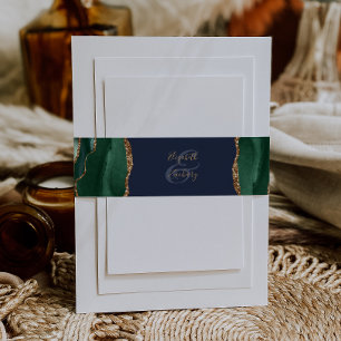 Emerald Green Agate Navy Blue Wedding Invitation Belly Band