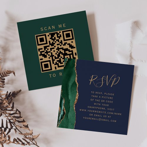 Emerald Green Agate Navy Blue Wedding QR Code RSVP Enclosure Card