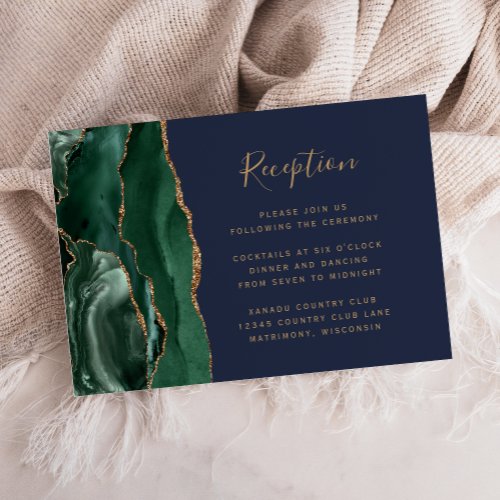 Emerald Green Agate Navy Blue Wedding Reception Enclosure Card