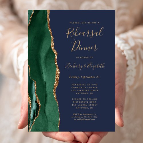  Emerald Green Agate Navy Wedding Rehearsal Dinner Invitation