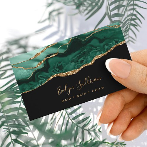Emerald green agate on black business card