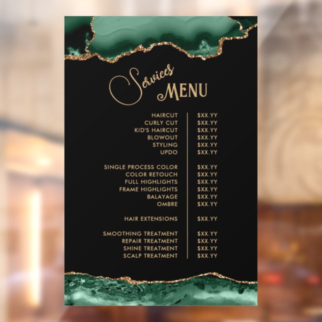 Emerald Green Agate on Black Services Menu Window Cling (Sheet 2)