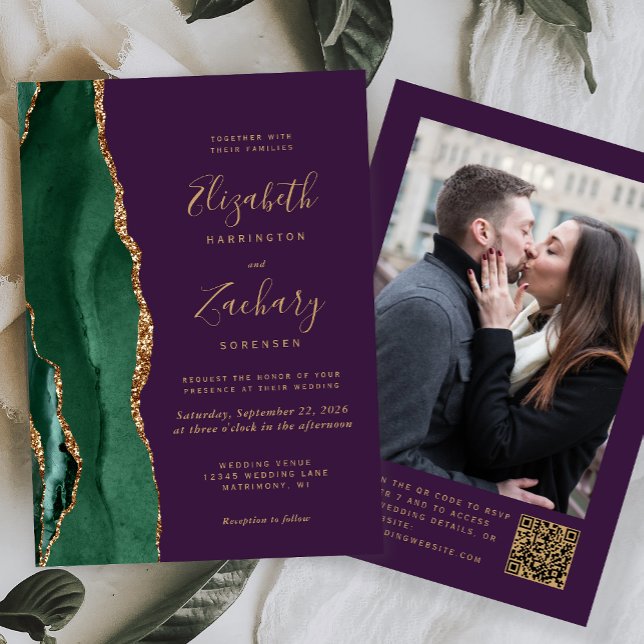 Emerald Green Agate Purple Photo QR Code Wedding Invitation (Creator Uploaded)