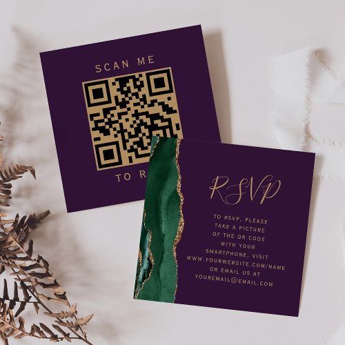 Emerald Green Agate Purple Wedding QR Code RSVP Enclosure Card