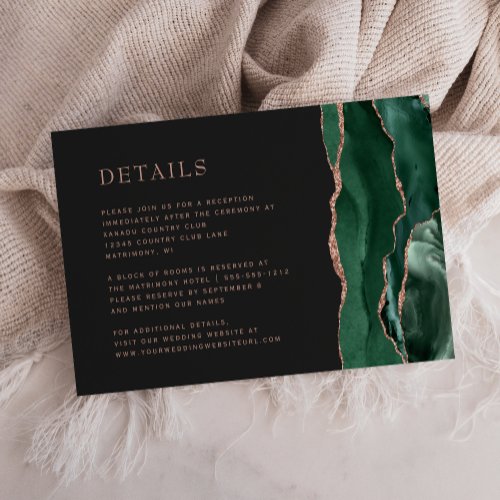 Emerald Green Agate Rose Gold Dark Wedding Details Enclosure Card