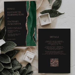Emerald Green Agate Rose Gold QR Code Wedding Invitation