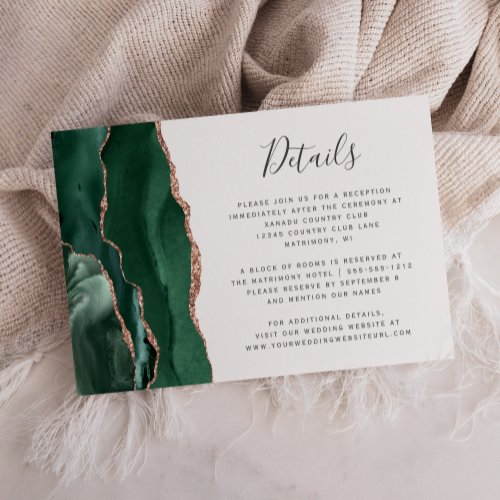 Emerald Green Agate Rose Gold Wedding Details Enclosure Card