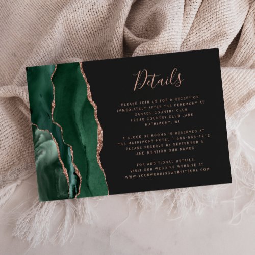 Emerald Green Agate Rose Gold Wedding Details Enclosure Card