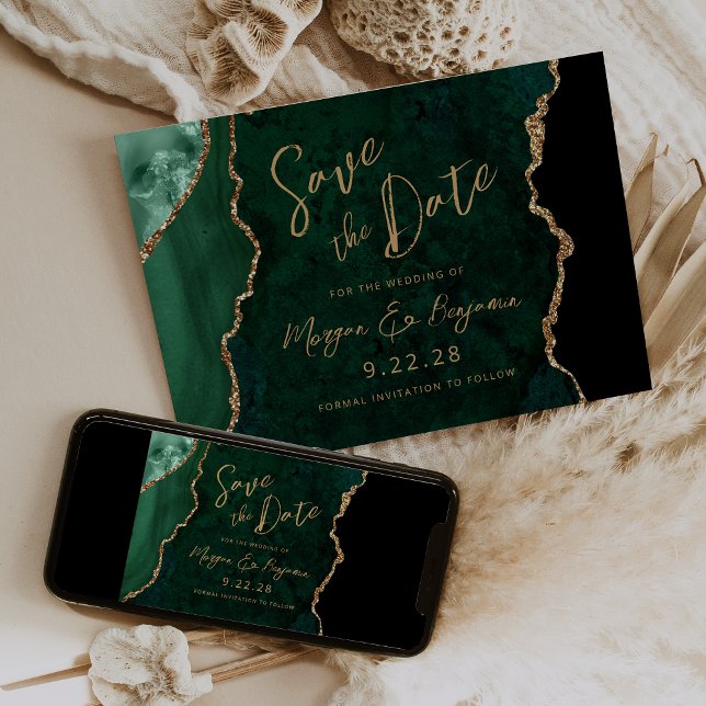 Emerald Green Agate Script Wedding Save the Date (Choose from printed invitations, instant digital download or both.)