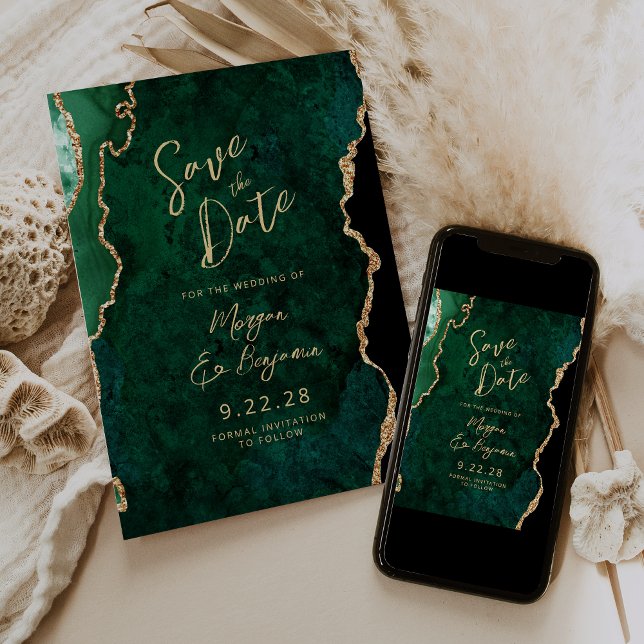 Emerald Green Agate Script Wedding Save the Date Invitation (Creator Uploaded)