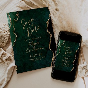 Emerald Green Agate Script Wedding Save The Date Invitation by Wedding_Paper_Nest at Zazzle