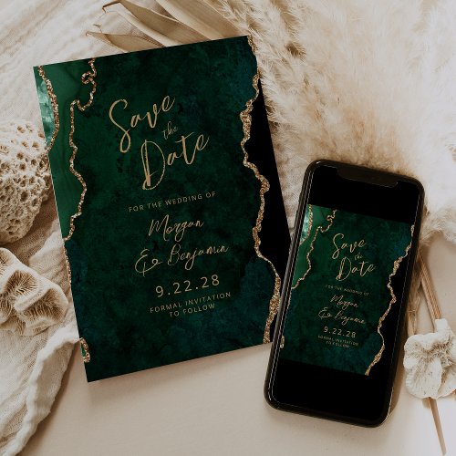 Emerald Green Agate Script Wedding Save the Date Invitation