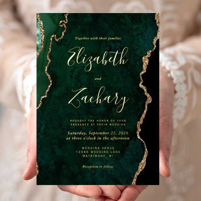 Emerald Green Agate Whimsical Script Wedding Foil Invitation (Creator Uploaded)