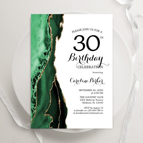 Emerald Green Agate White Gold 30th Birthday Invitation