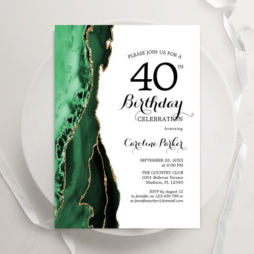 Emerald Green Agate White Gold 40th Birthday Invitation