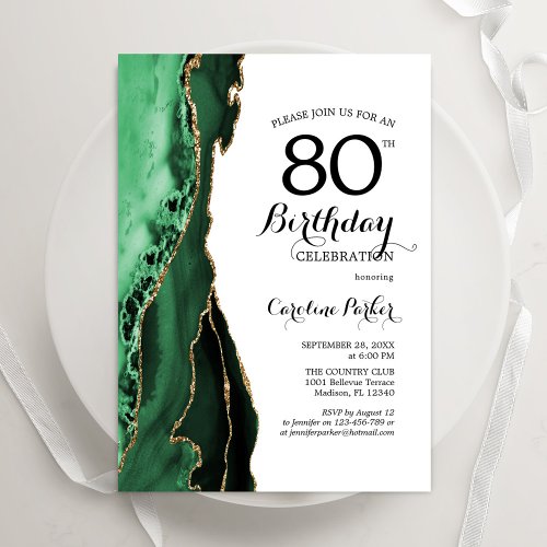 Emerald Green Agate White Gold 80th Birthday Invitation