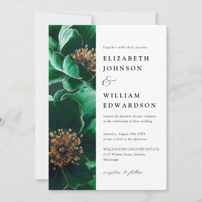 Emerald Green All In One Elegant Floral Wedding Invitation (Front)