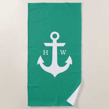 Emerald Green Anchor Monogram Beach Towel by heartlockedhome at Zazzle