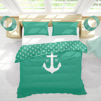 Emerald Green Anchor Nautical Monogram Duvet Cover by heartlockedhome at Zazzle