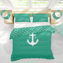 Emerald Green Anchor Nautical Monogram Duvet Cover