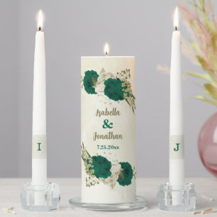 emerald green and beige flowers wedding unity candle set