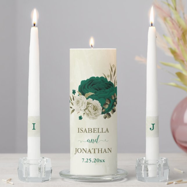 emerald green and beige flowers wedding unity candle set (In Situ)