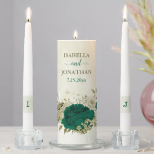 emerald green and beige flowers wedding unity candle set