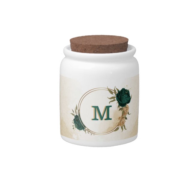 emerald green and beige gold flowers  candy jar (Front)