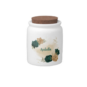 emerald green and beige gold flowers  candy jar