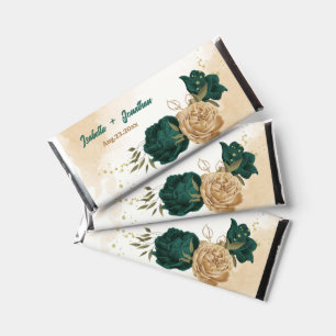 emerald green and beige gold flowers hershey bar favors