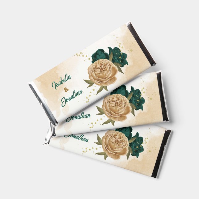 emerald green and beige gold flowers  hershey bar favors (Front)