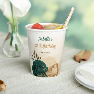emerald green and beige gold flowers paper cups