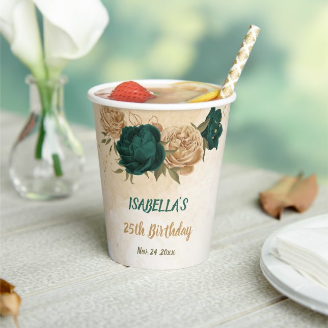 emerald green and beige gold flowers  paper cups (Insitu)