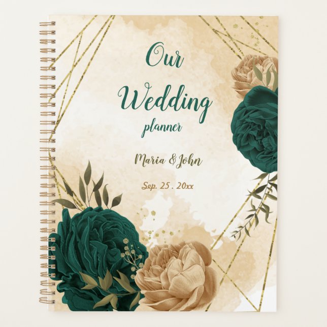 emerald green and beige gold flowers  planner (Front)