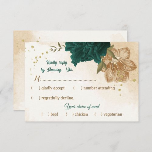 emerald green and beige gold flowers RSVP card