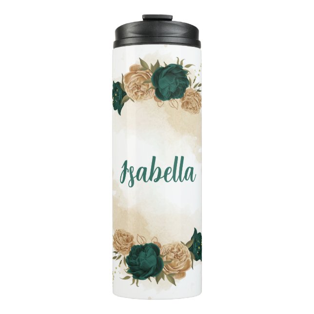 emerald green and beige gold flowers  thermal tumbler (Front)