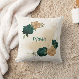 emerald green and beige gold flowers  throw pillow