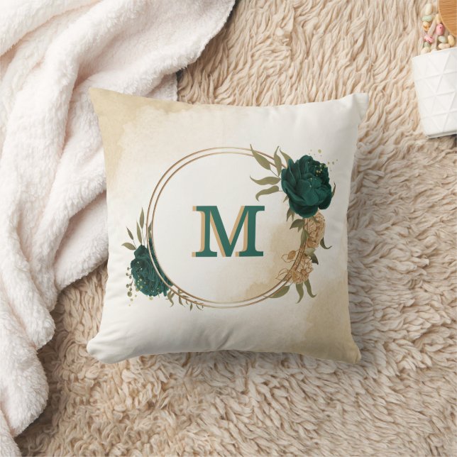 emerald green and beige gold flowers  throw pillow (Blanket)
